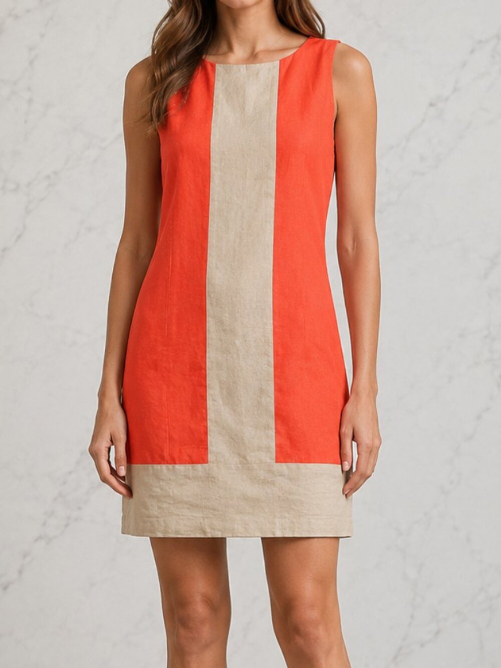 Kenar Linen Sleeveless Shift Dress Size 2 Orange and Tan